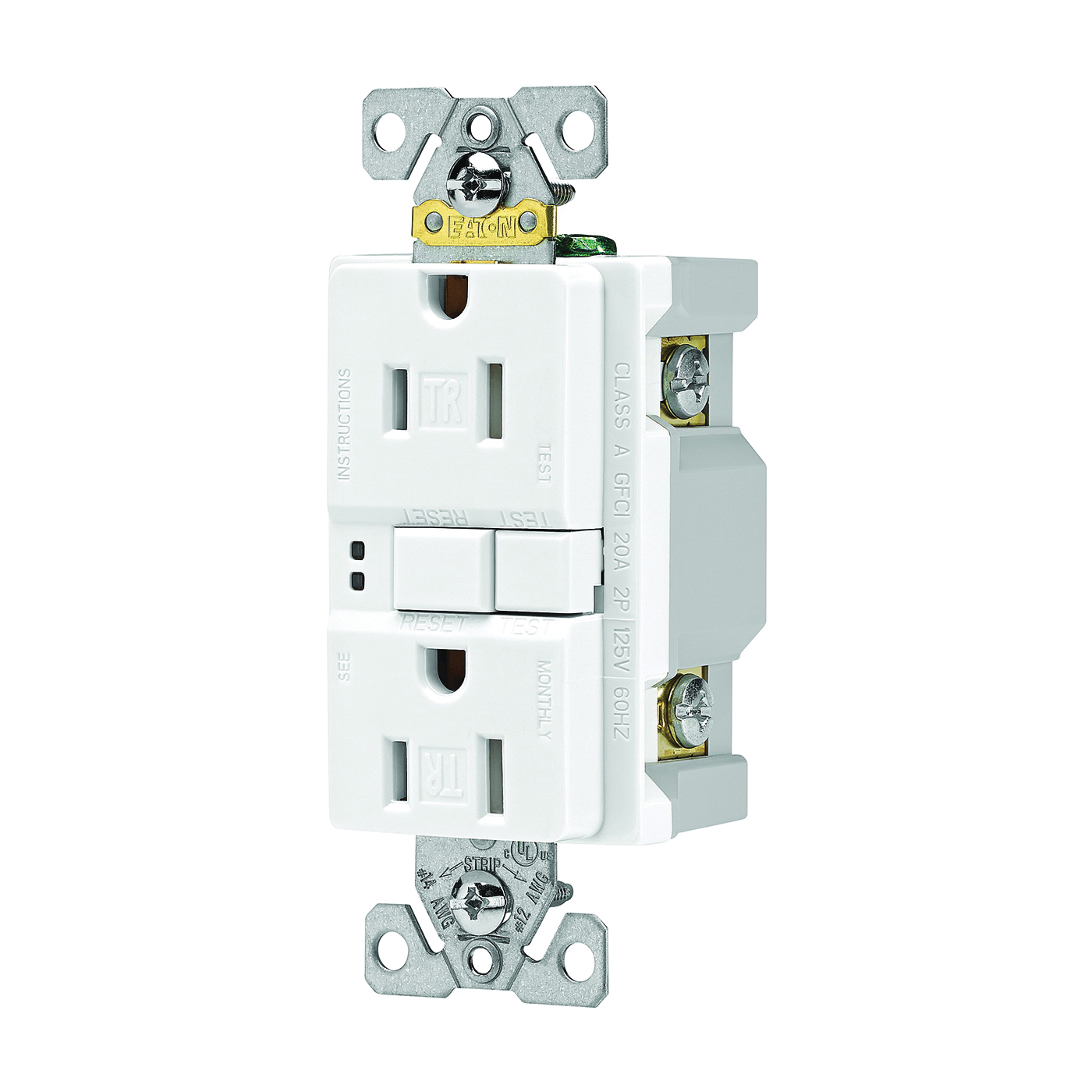 Eaton Wiring Devices TRSGF15W-3-L GFCI Duplex Receptacle, Nylon, White, 2-Pole, 125 V, Back, Side Wiring
