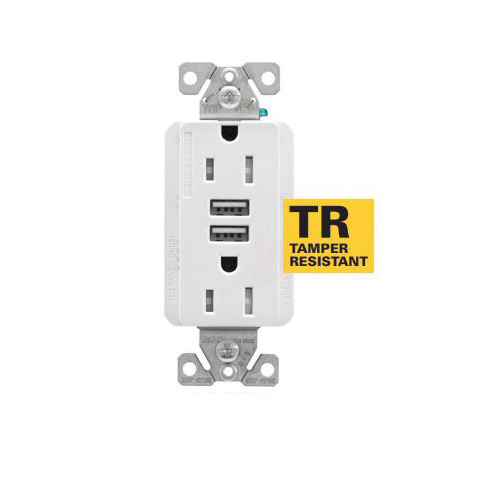 TRUSB5A15 TRUSB5A15W-K-L Receptacle, 2 -Pole, 5 A, 125 VAC, 2 -USB Port, Type A USB, White