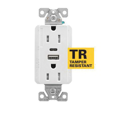 TRUSBAC15 TRUSBAC15W-K-L Receptacle, 2 -Pole, 5 A, 125 VAC, 2 -USB Port, Type A, C USB, White