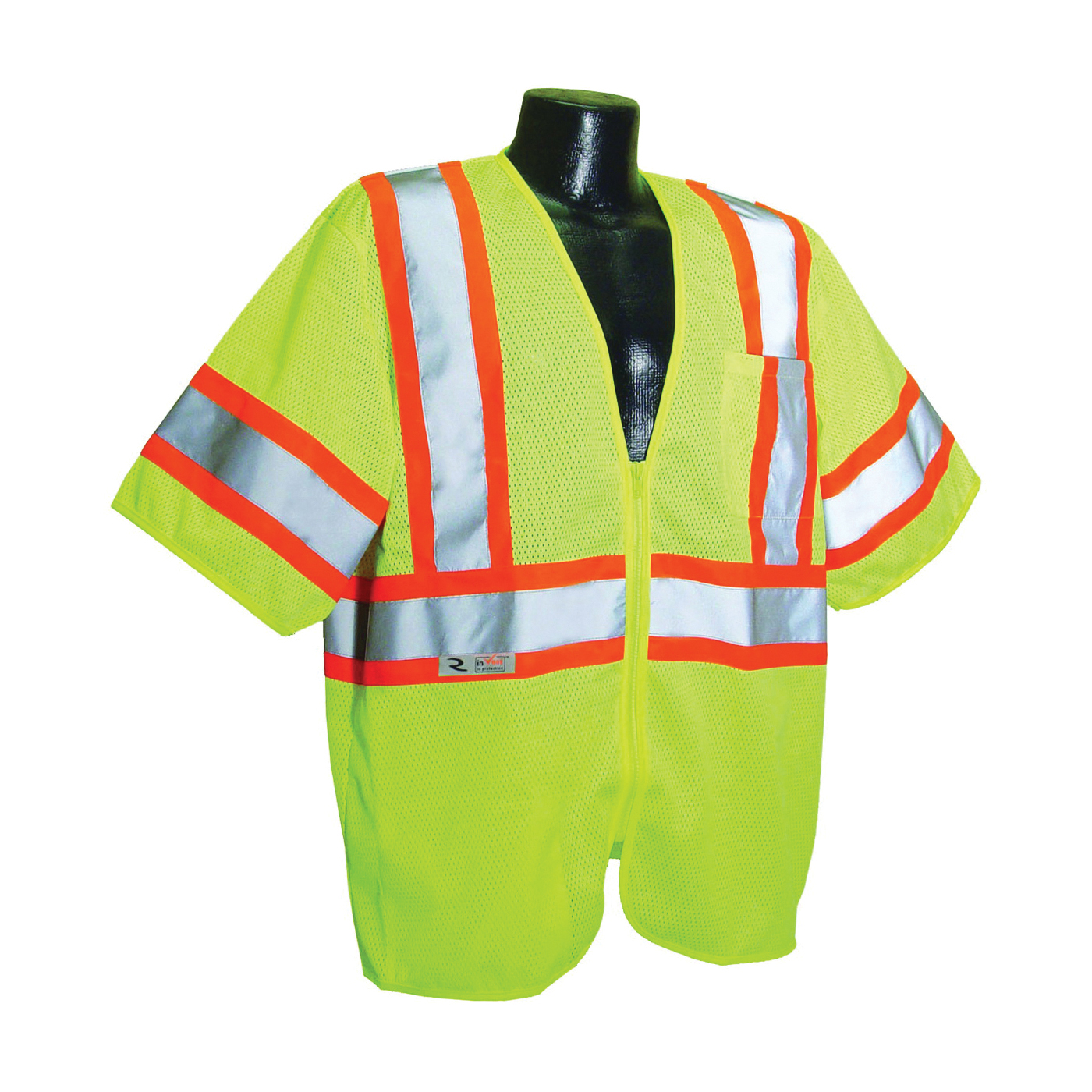 SV22-3ZGM-2X Economical Safety Vest, 2XL, Polyester, Green/Silver, Zipper Closure