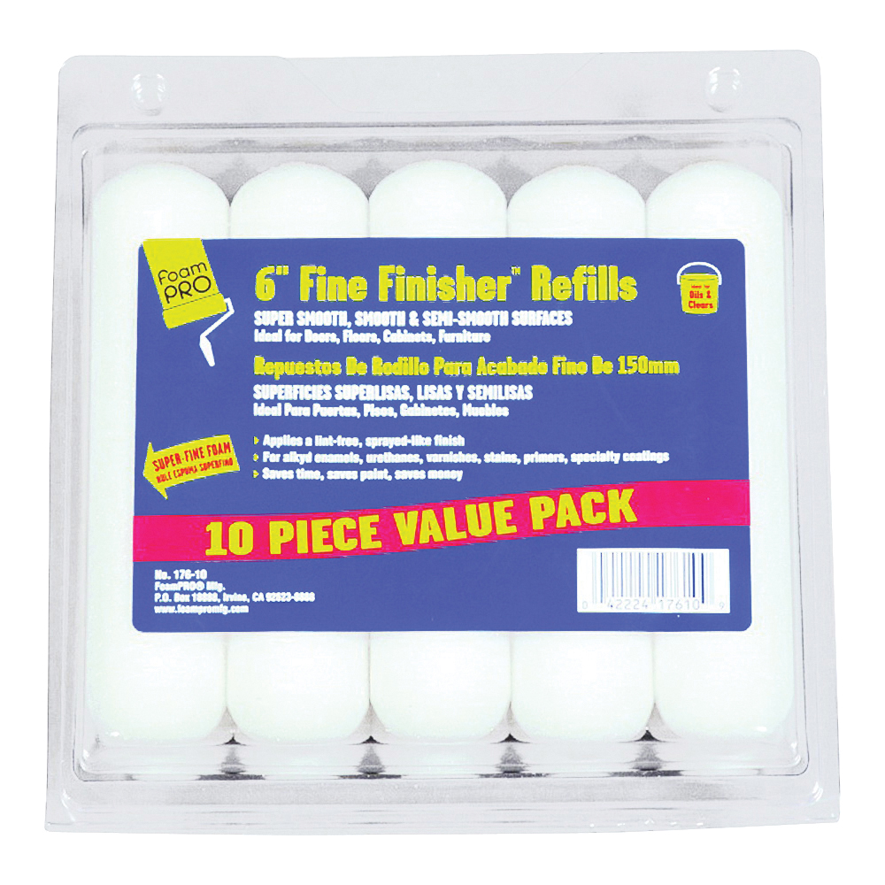 Foampro 176-10 Roller Refill, 3/8 in Thick Nap, 6 in L, Foam Cover