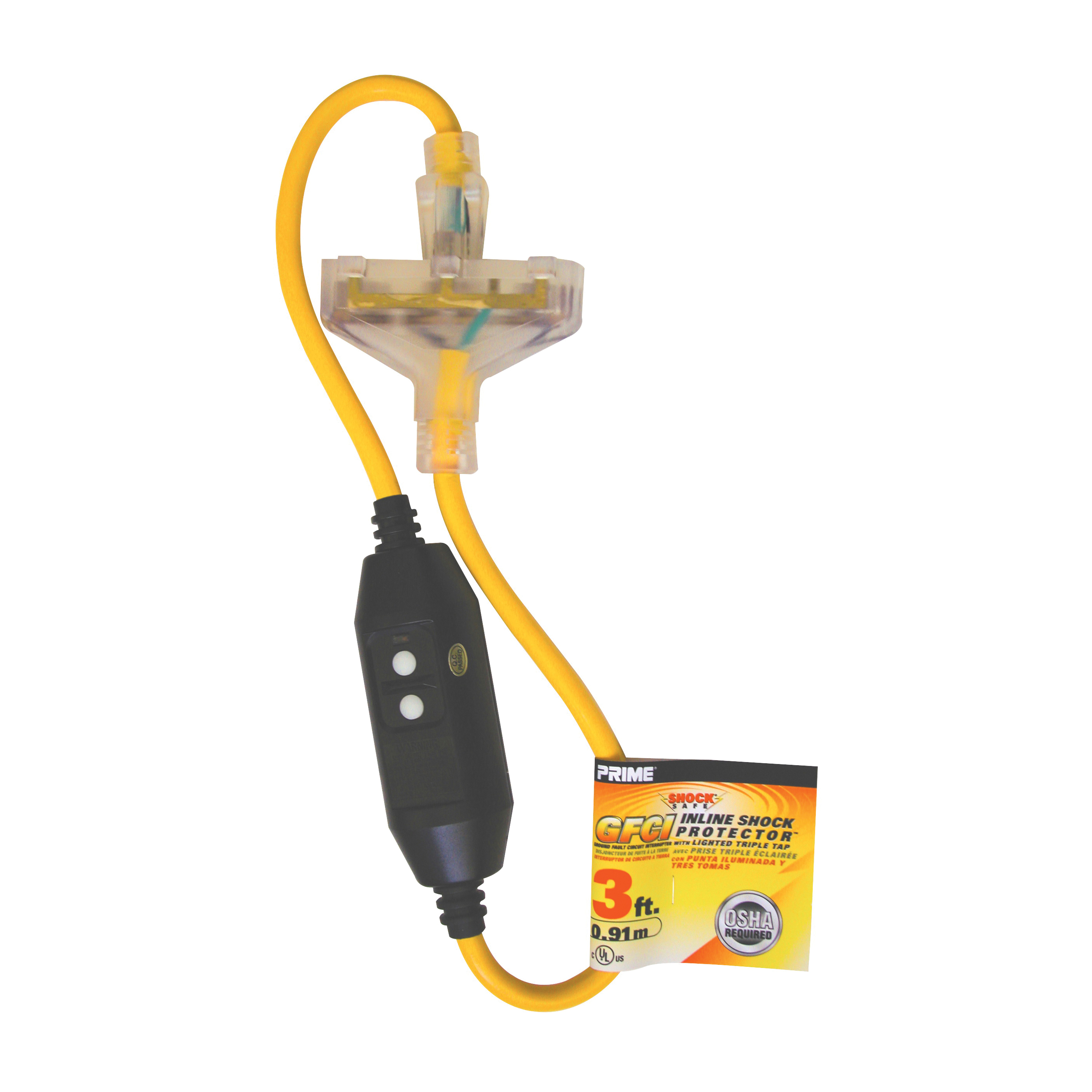 GF320803 Triple Tap Adapter, 3 ft Cable, 15 A, 125 V, Yellow