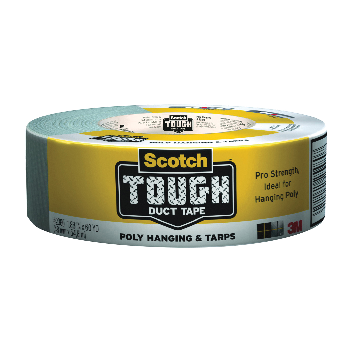 2360-C/2360-A Tough Duct Tape, 60 yd L, 1.88 in W, Polyvinyl Backing, Gray