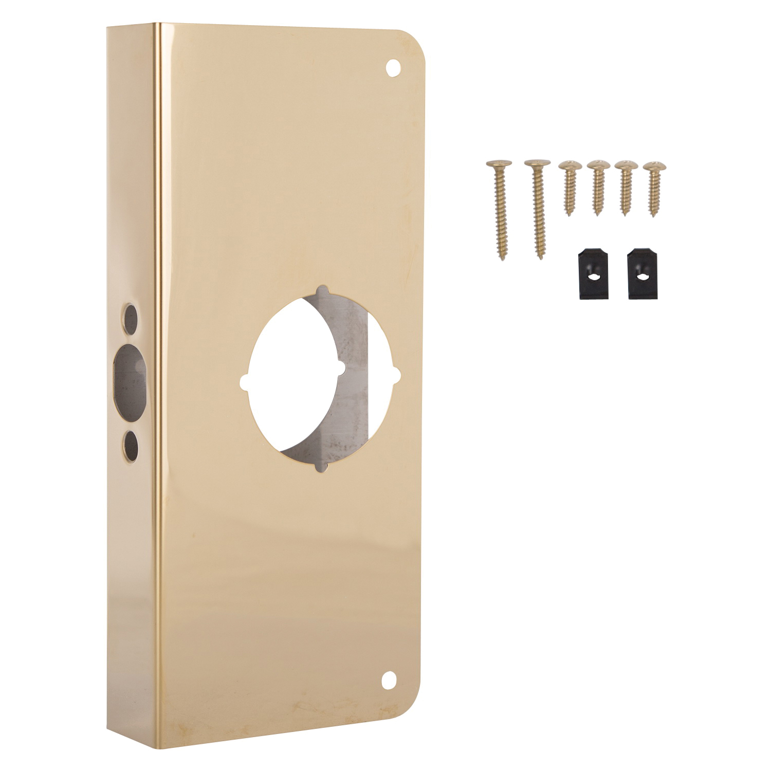 HSH-048SBP-PS Door Reinforcer, 2-3/8 in Backset, 1-3/8 in Thick Door, Steel, Brass, 9 in H, 4 in W