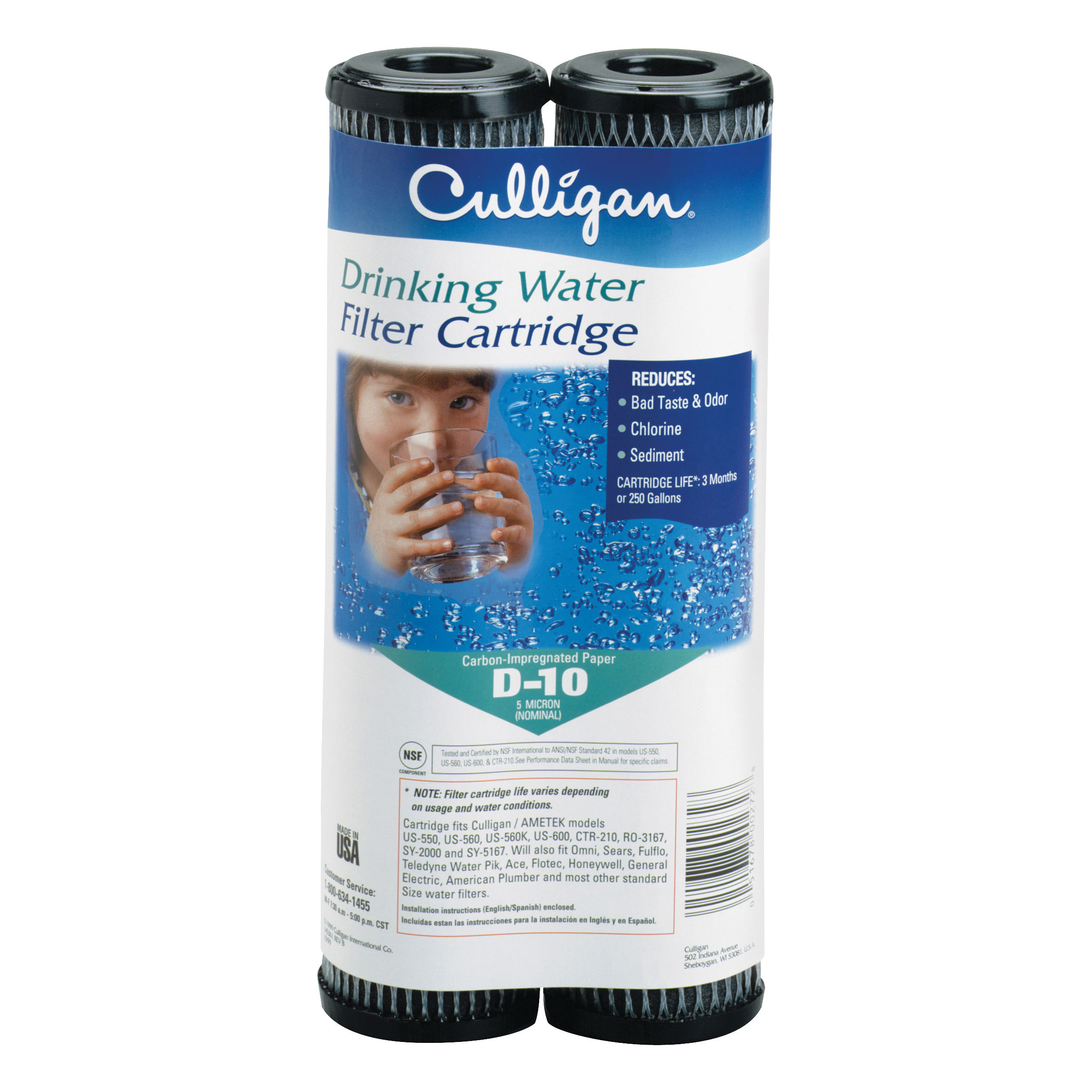 Culligan D-10A Drinking Water Filter, 5 um Filter, Carbon Impregnated Cellulose Filter Media - 1
