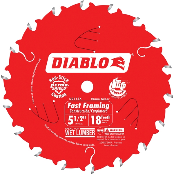 D0518X Circular Saw Blade, 5-1/2 in Dia, 10 mm Arbor, 18-Teeth, Carbide Cutting Edge