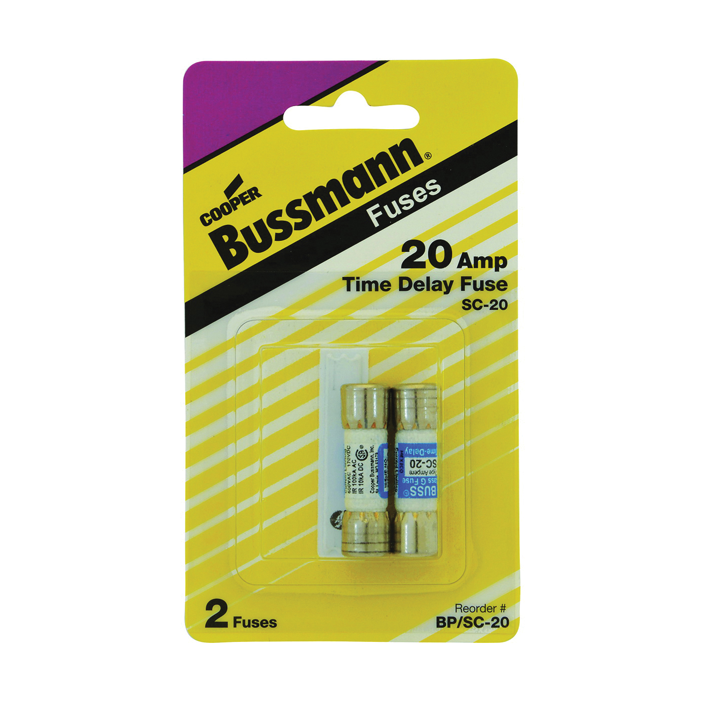 Bussmann BP/SC-20 Time Delay Fuse, 20 A, 600 VAC, 170 VDC, 10, 100 kA Interrupt, Glass Body