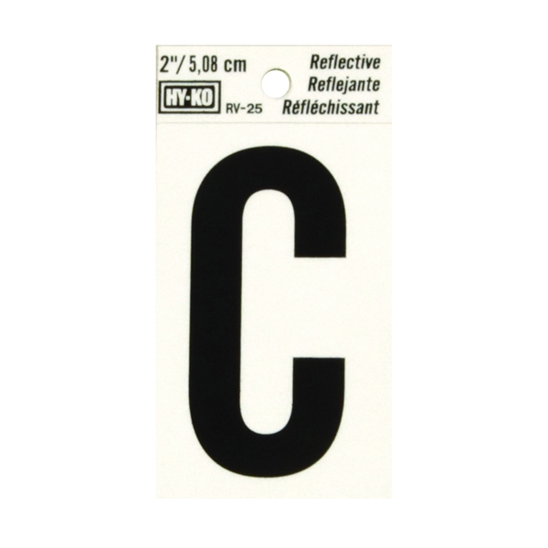 RV-25/C Reflective Letter, Character: C, 2 in H Character, Black Character, Silver Background, Vinyl