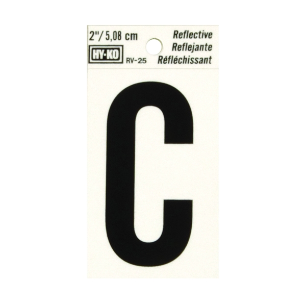 RV-25/C Reflective Letter, 1-1/2 in W x 3 in H Dimensions, Character: C, 2 in H Character, Black Character, Vinyl