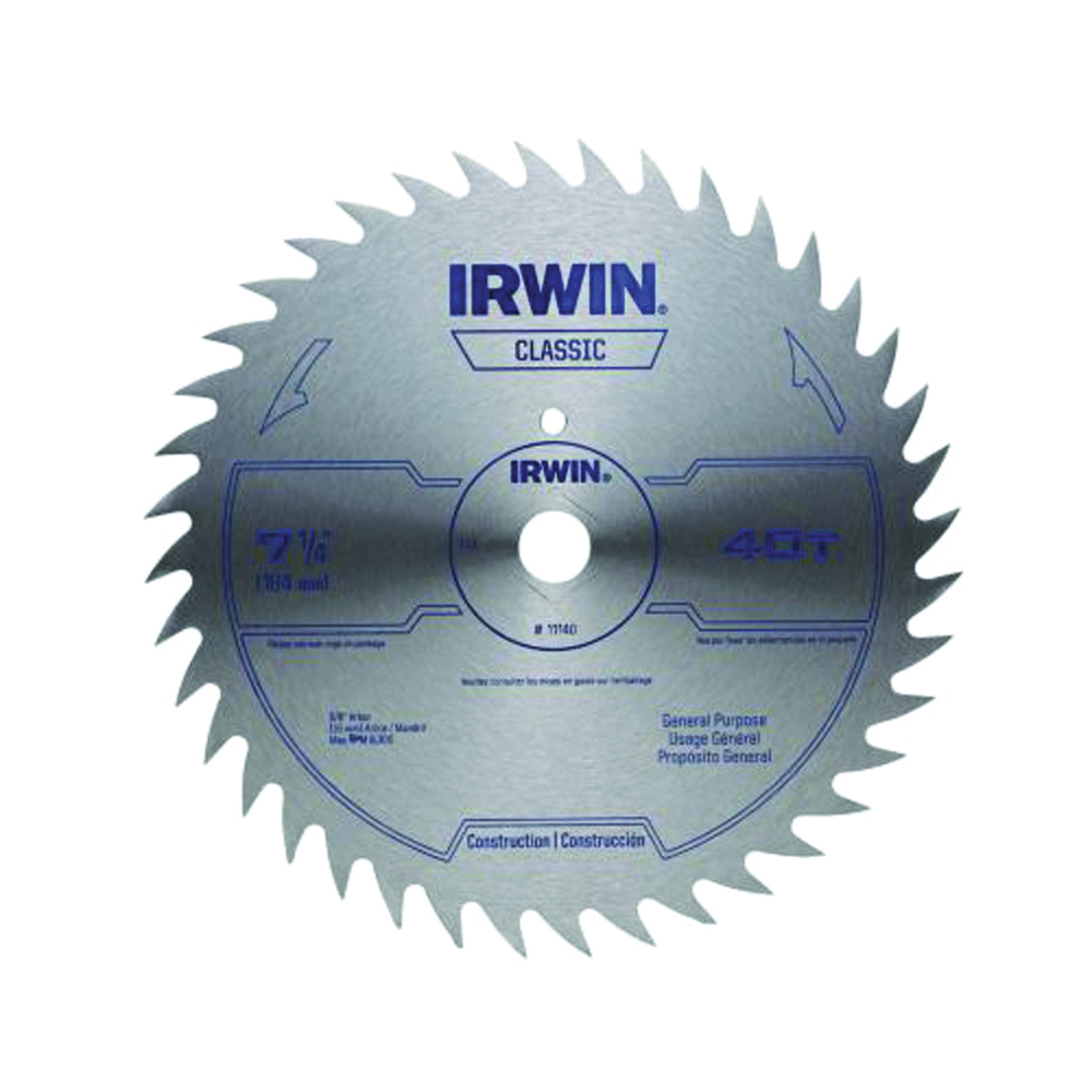 Irwin 11140 Circular Saw Blade, 7-1/4 in Dia, 5/8 in Arbor, 40-Teeth, Steel Cutting Edge, Applicable Materials: Wood
