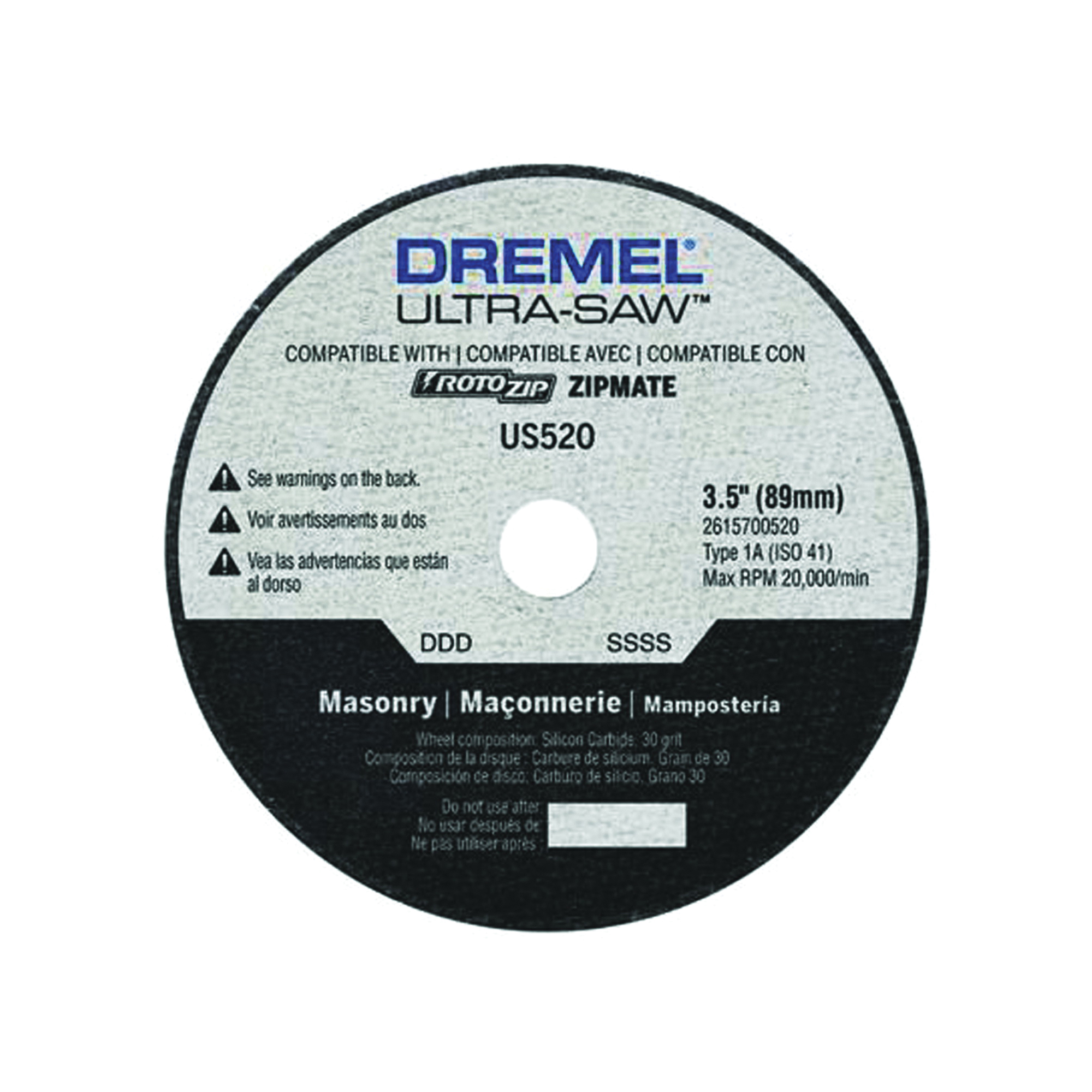 DREMEL US520-01 Masonry Cutting Wheel, 3-1/2 in Dia, 0.094 in Thick, 7/16 in Arbor, 30 Grit - 1
