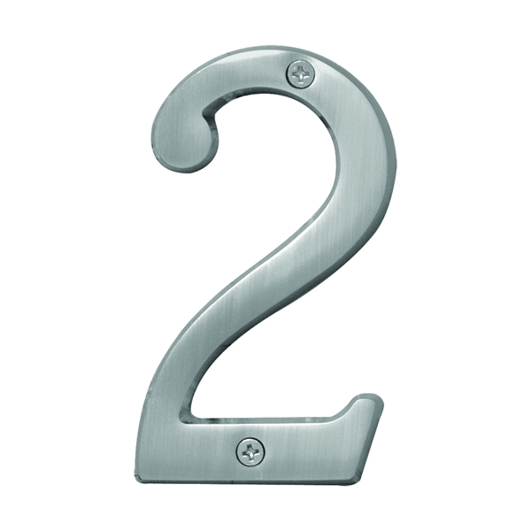 Prestige Series BR-43SN/2 House Number, Character: 2, 4 in H Character, Nickel Character, Solid Brass