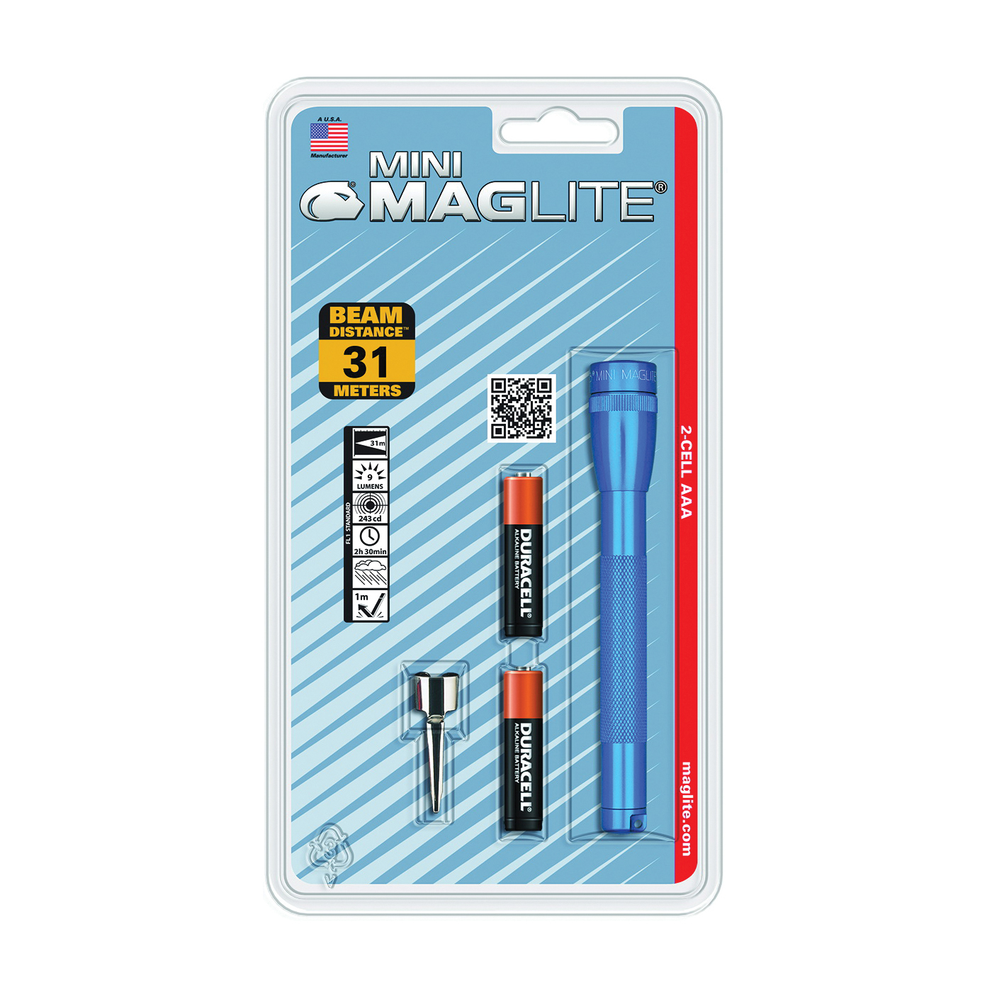 Maglite M3A116 Flashlight, Blue, 9 Lumens, AAA Battery, Alkaline Battery, Incandescent Lamp, Flood to Spot Beam