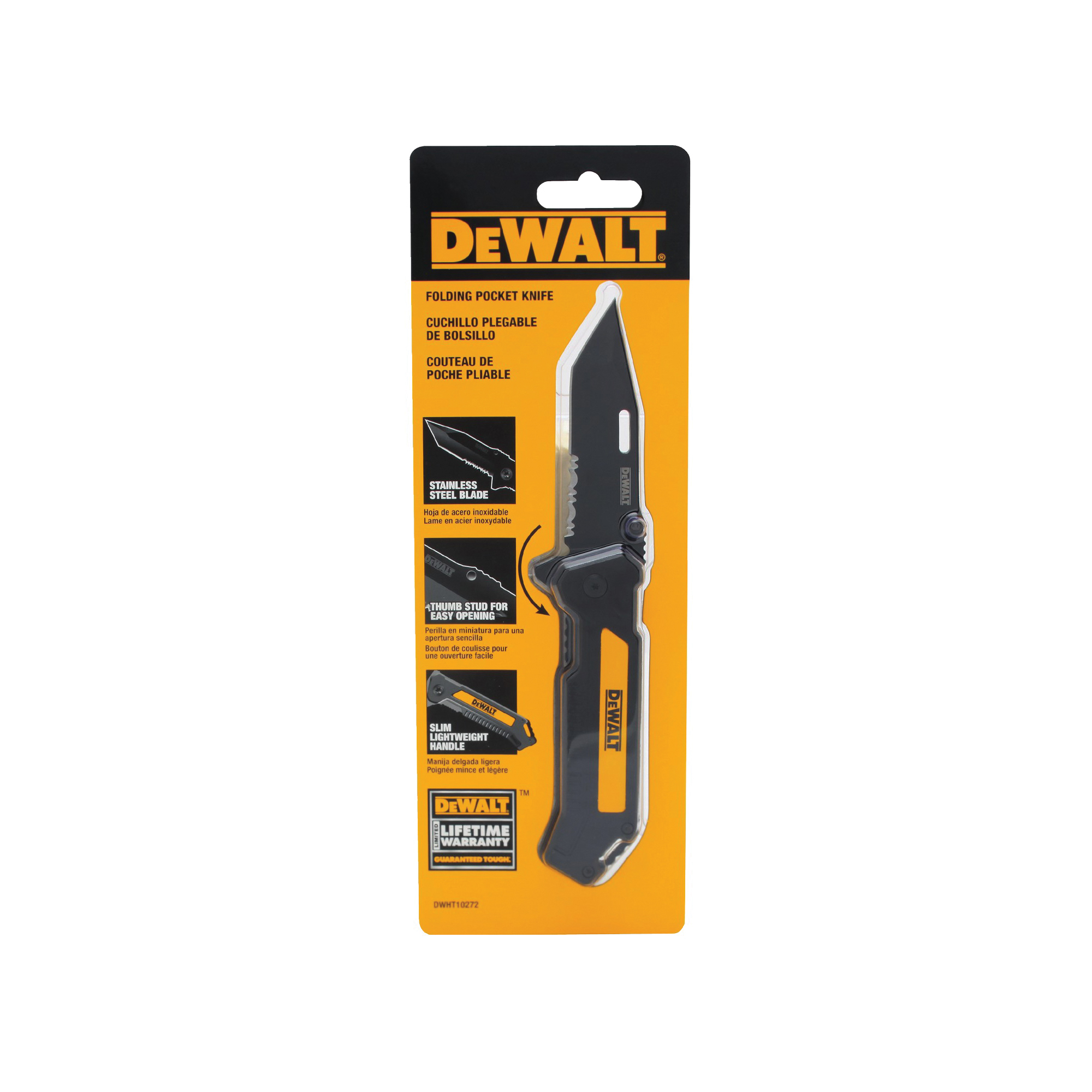 DEWALT DWHT10272 Pocket Knife, 3-1/2 in L Blade, Stainless Steel Blade, Lightweight Slim Handle, Black/Yellow Handle