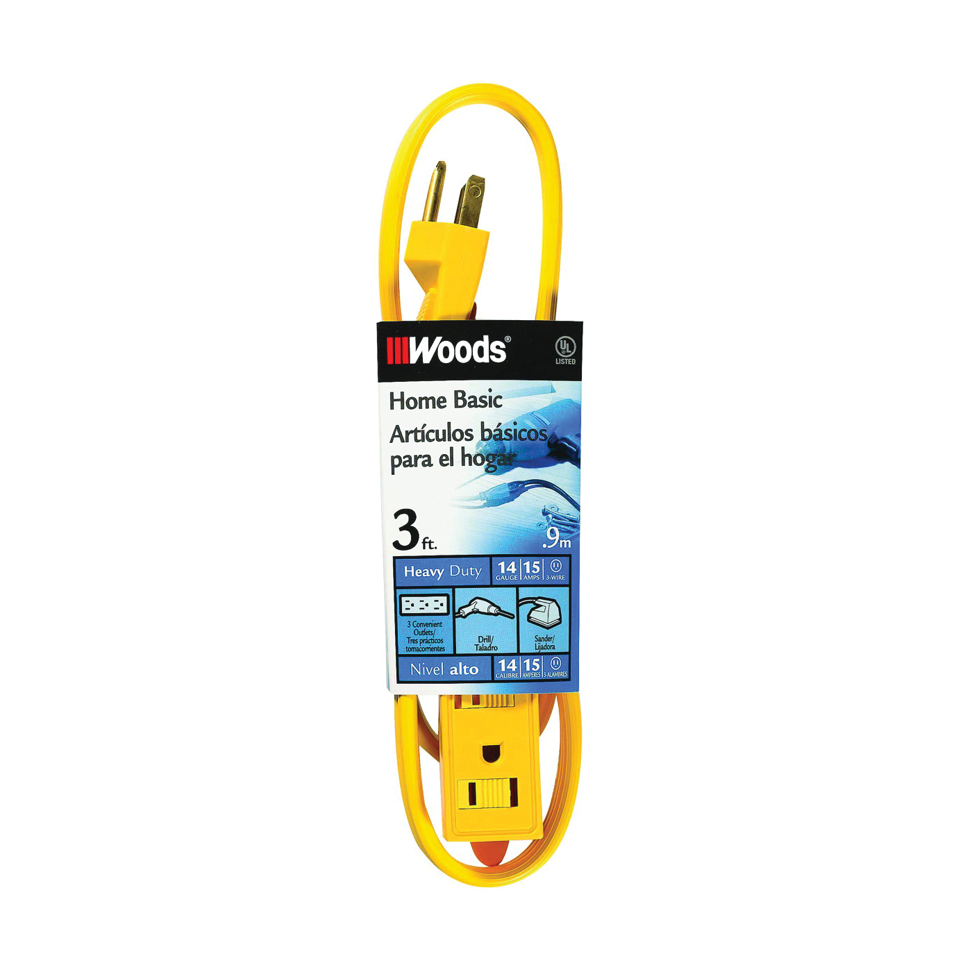 CCI 0863 Extension Cord, 14 AWG Cable, 3 ft L, 15 A, 125 V, Yellow