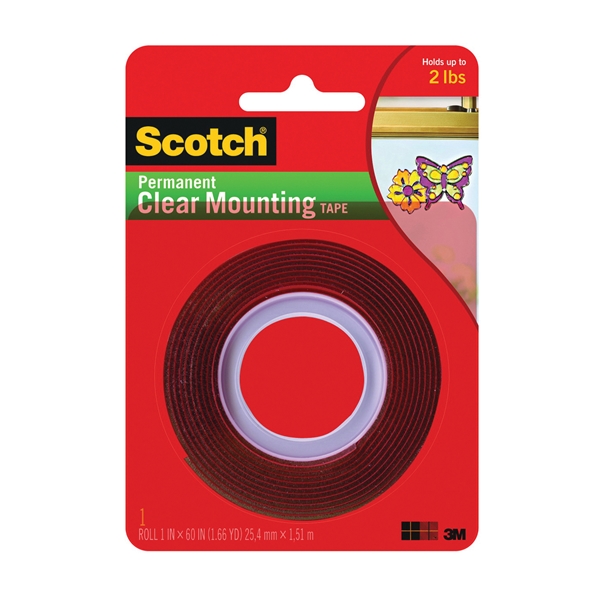 Scotch 4010 Mounting Tape, 60 in L, 1 in W, Clear - 1
