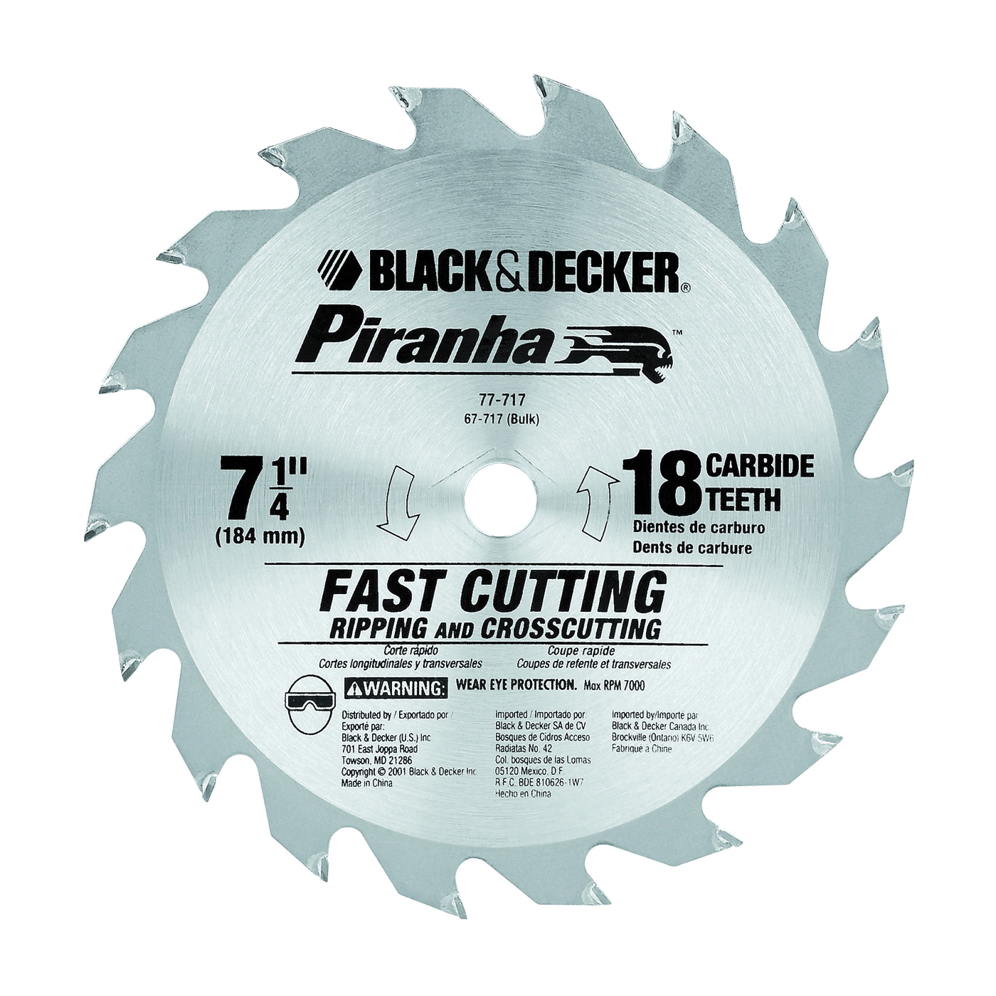 Black+Decker 67-717 Circular Saw Blade, 7-1/4 in Dia, 5/8 in Arbor,  18-Teeth, Carbide Cutting Edge
