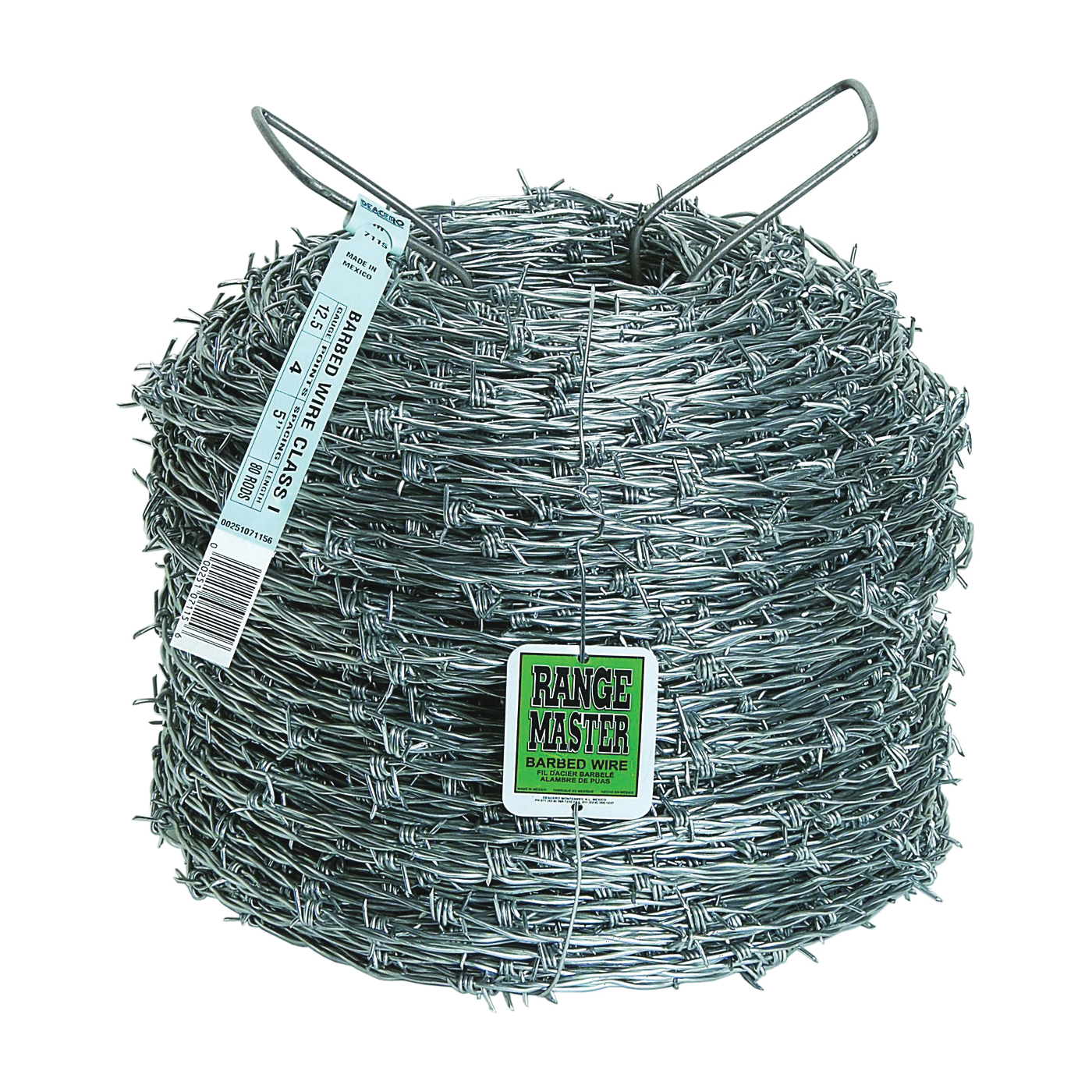 Class 1 7115 Barbed Wire, 1320 ft L, 12-1/2 Gauge, 5 in Points Spacing, Zinc