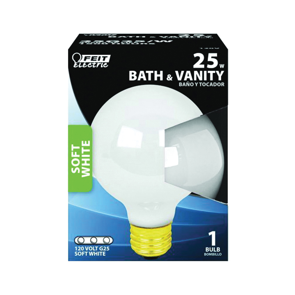 Feit Electric 25G25/W/RP Incandescent Lamp, 25 W, G25 Lamp, Medium E26 Lamp Base, 2850 K Color Temp