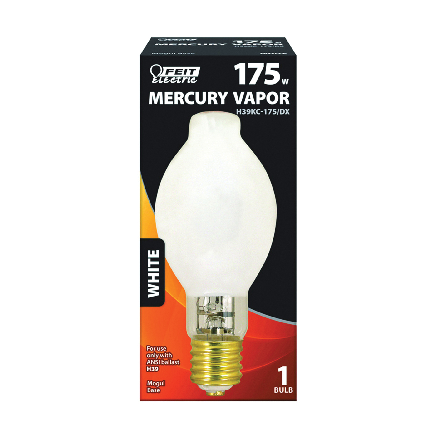Feit Electric H39KC-175/DX Mercury Vapor Bulb, 175 W, BT28 Blown Tubular Lamp, Mogul E39 Lamp Base, 7350 Lumens - 1