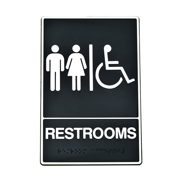 Hy-Ko DB-5 Graphic Sign, Rectangular, REST ROOM, White Legend, Black Background, Plastic, 6 in W x 9 in H Dimensions
