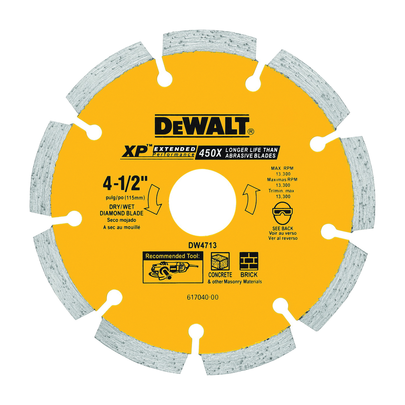 DeWALT DW4713T Circular Saw Blade, 4-1/2 in Dia, 5/8 in Arbor, Diamond Cutting Edge, Applicable Materials: Masonry