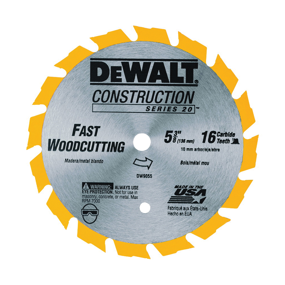 DeWALT DW9055 Circular Saw Blade, 5-3/8 in Dia, 10 mm Arbor, 16-Teeth, Carbide Cutting Edge
