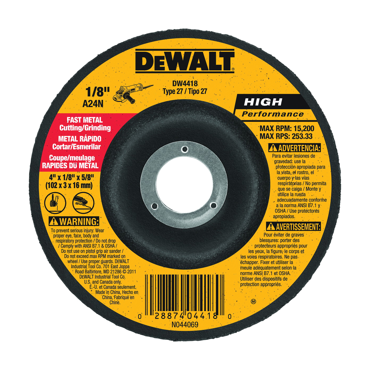 DeWALT DW4418 Grinding Wheel, 4 in Dia, 1/8 in Thick, 5/8 in Arbor, 24 Grit, Very Coarse, Aluminum Oxide Abrasive