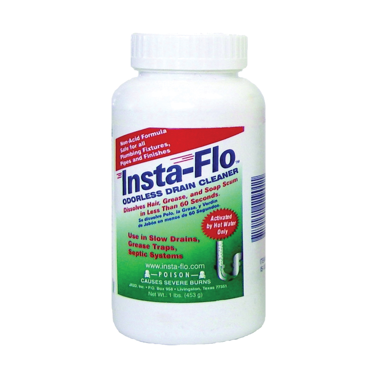 Insta-Flo IS-100 Drain Cleaner, Solid, White, Odorless, 1 lb Bottle - 1