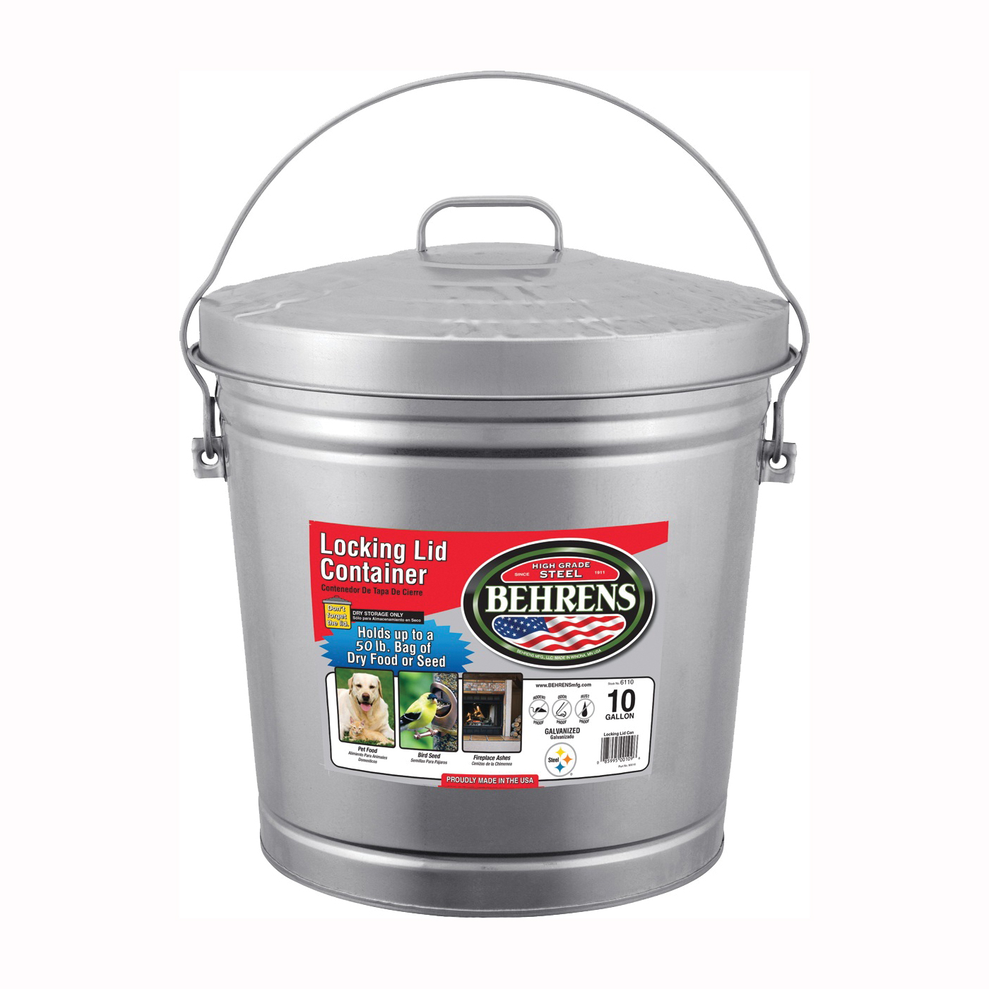 6110 Locking Lid Can, 10 gal Capacity, Galvanized Steel, Silver