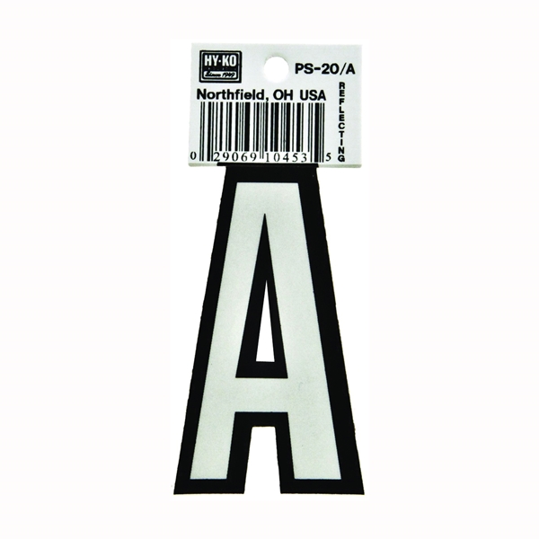 Hy-Ko PS-20/A Reflective Letter, Character: A, 3-1/4 in H Character, Black/White Character, Vinyl