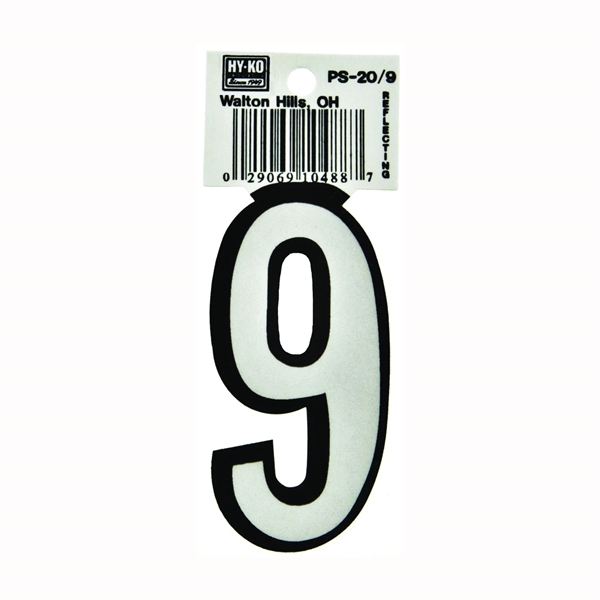 HY-KO PS-20/9 Reflective Sign, Character: 9, 3-1/4 in H Character, Black/White Character, Vinyl - 1
