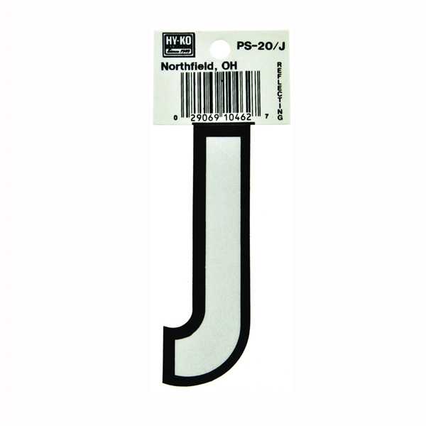 Hy-Ko PS-20/J Reflective Letter, Character: J, 3-1/4 in H Character, Black/White Character, Vinyl