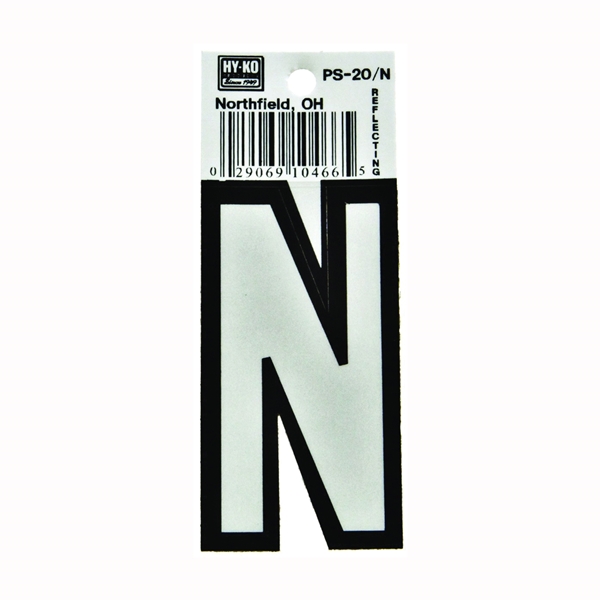 Hy-Ko PS-20/N Reflective Letter, Character: N, 3-1/4 in H Character, Black/White Character, Vinyl