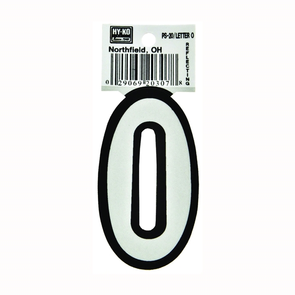 Hy-Ko PS-20/O Reflective Letter, Character: O, 3-1/4 in H Character, Black/White Character, Vinyl