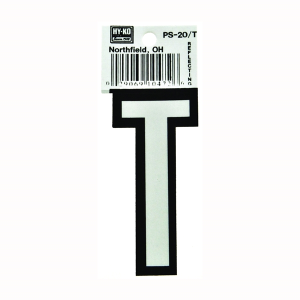 Hy-Ko PS-20/T Reflective Letter, Character: T, 3-1/4 in H Character, Black/White Character, Vinyl