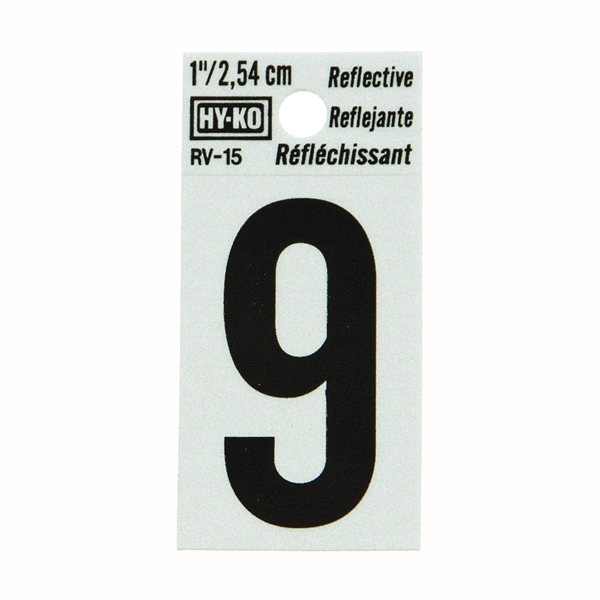 HY-KO RV-15/9 Reflective Sign, Character: 9, 1 in H Character, Black Character, Silver Background, Vinyl - 1