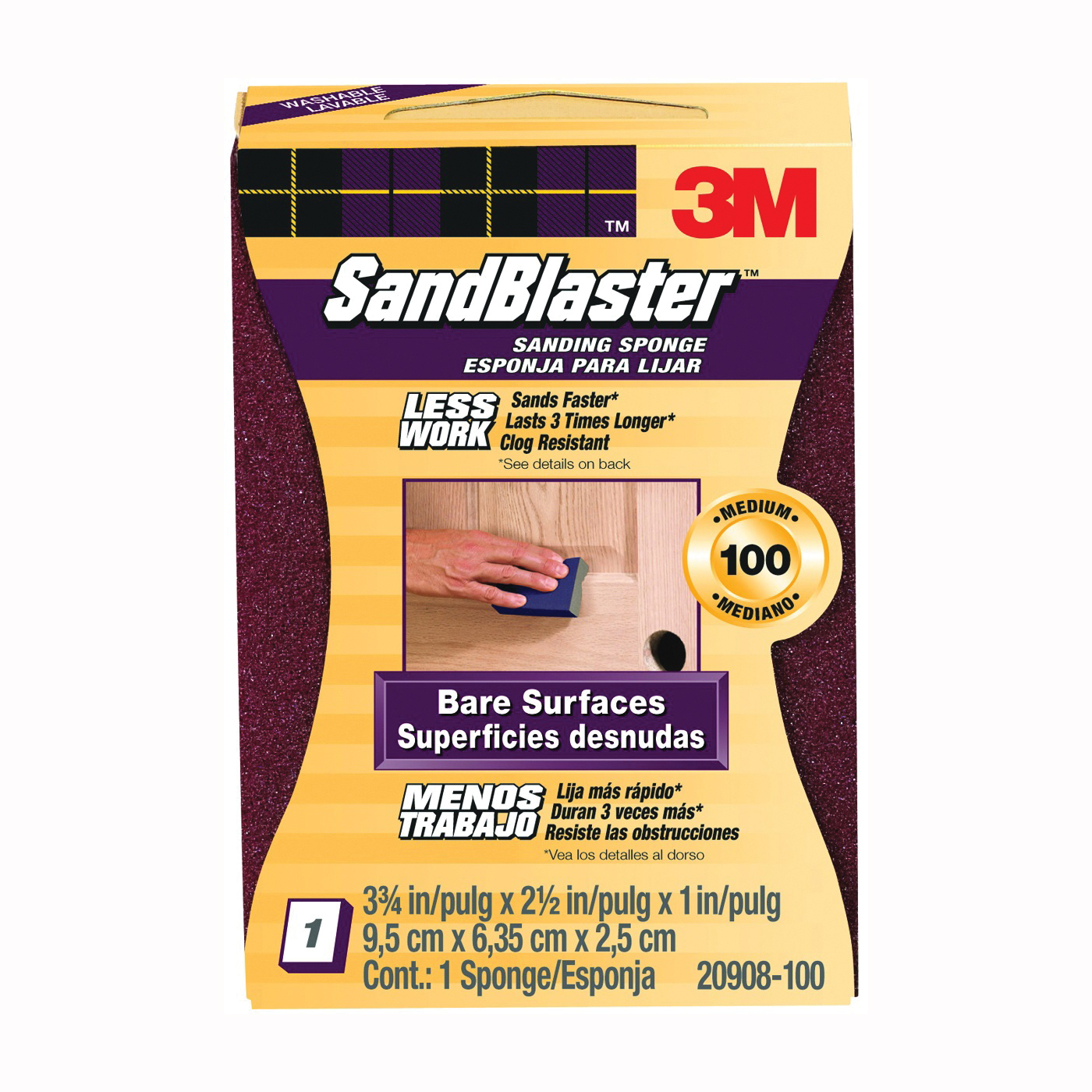 3M SandBlaster 20908-100 Sanding Sponge, 3-3/4 in L, 2-5/8 in W, 100 Grit, Medium, Aluminum Oxide Abrasive - 1