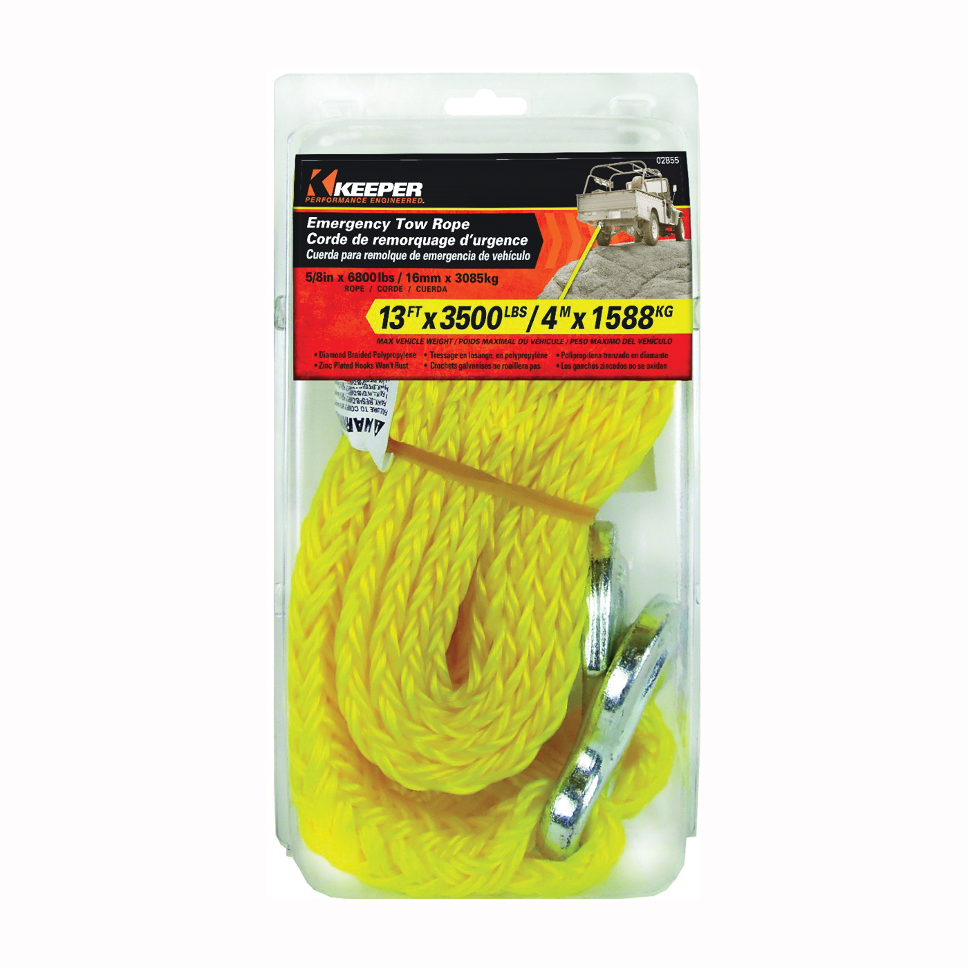 02855 Tow Rope, 5/8 in Dia, 13 ft L, Hook End, 6800 Working Load, Polypropylene