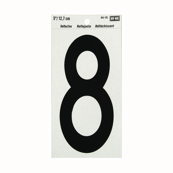 Hy-Ko RV-70/8 Reflective Sign, Character: 8, 5 in H Character, Black Character, Silver Background, Vinyl