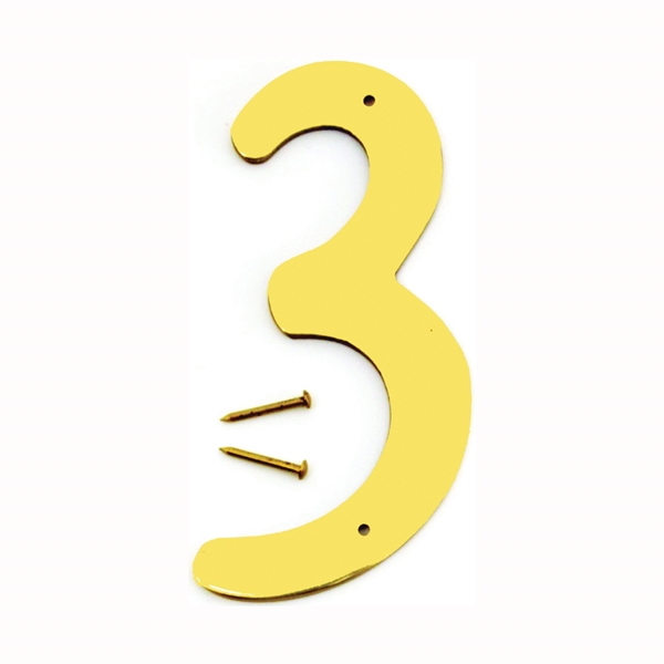 BR-40/3 House Number, 3 in W x 6-3/4 in H Dimensions, Character: 3, 4 in H Character, 2-1/2 in W Character, Brass