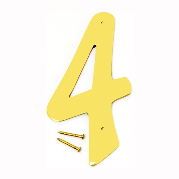 Hy-Ko BR-40/4 House Number, Character: 4, 4 in H Character, 2-1/2 in W Character, Brass Character, Brass