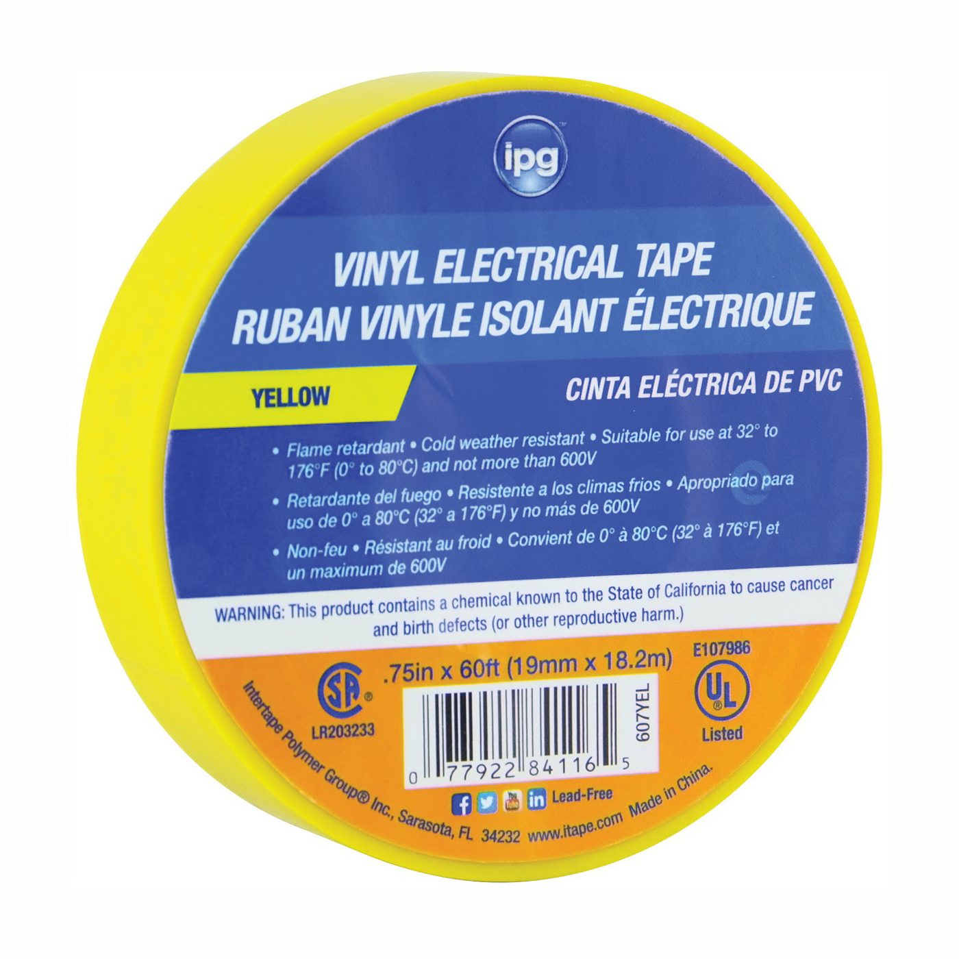 85830 Electrical Tape, 60 ft L, 3/4 in W, PVC Backing, Yellow