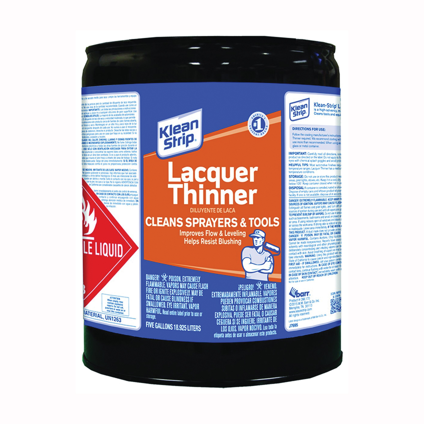 CML170 Lacquer Thinner, Liquid, Free, Clear, Water White, 5 gal, Can
