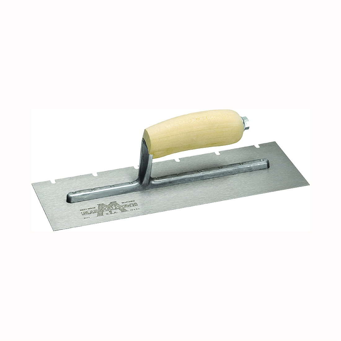 701S Trowel, 5/32 in W x 7/32 in D Notch, 11 in L, 4-1/2 in W, V Notch, Curved Handle