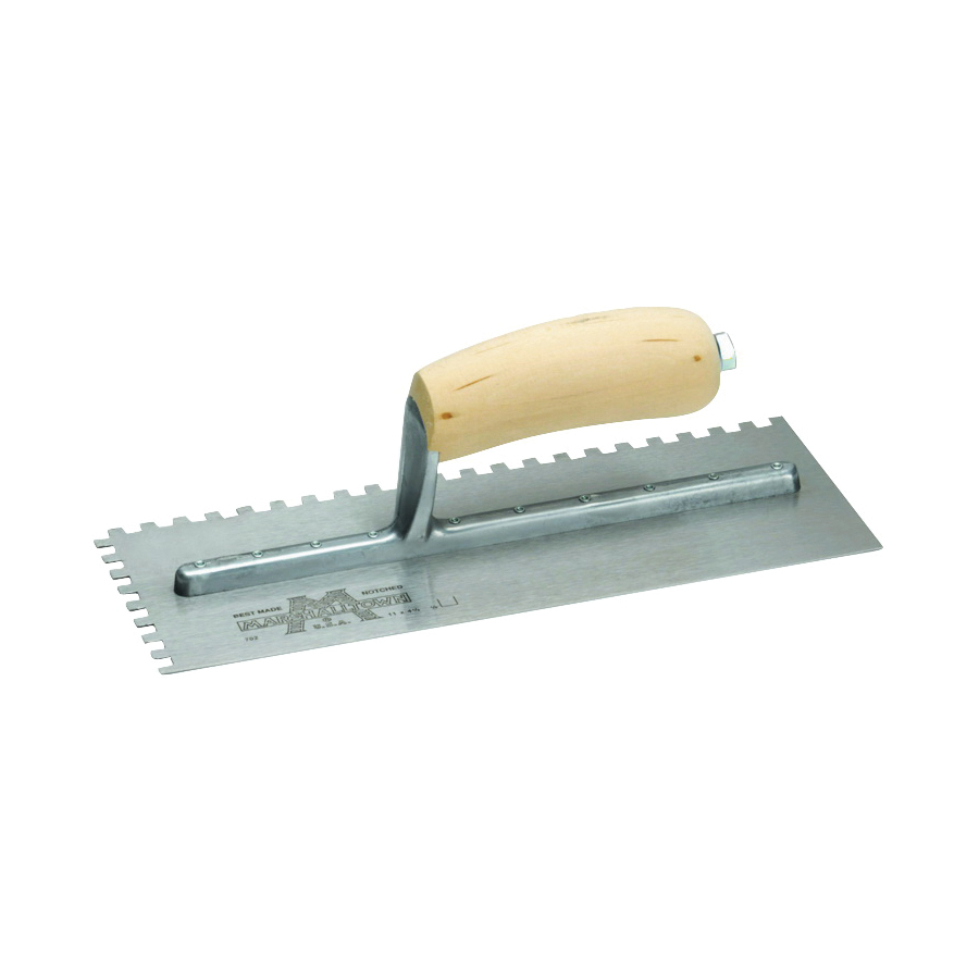 702S Trowel, 1/4 in W x 1/4 in D Notch, 11 in L, 4-1/2 in W, Square Notch, Curved Handle, Wood Handle