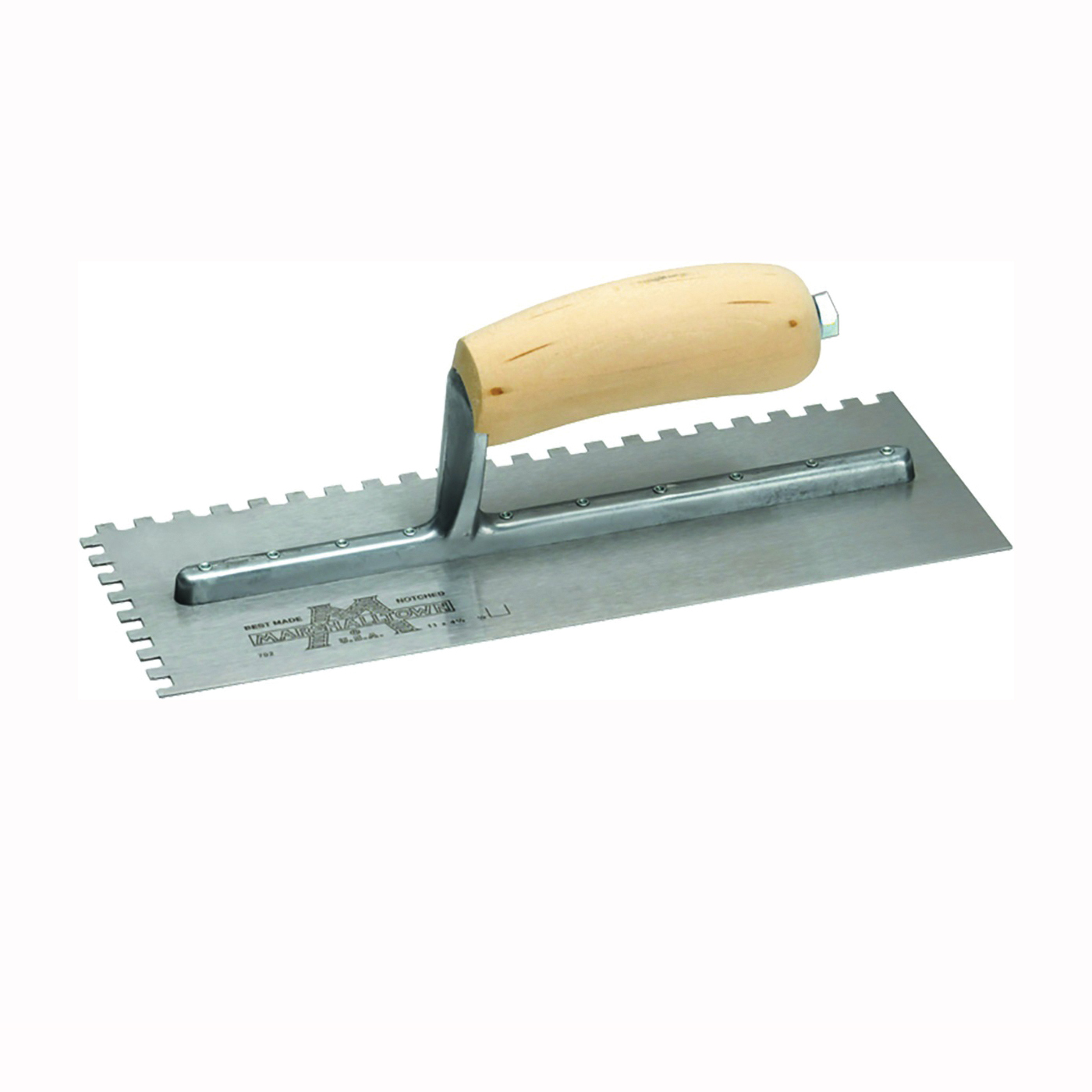 703S Trowel, 3/16 in W x 1/8 in D Notch, 11 in L, 4-1/2 in W, Square Notch, Curved Handle