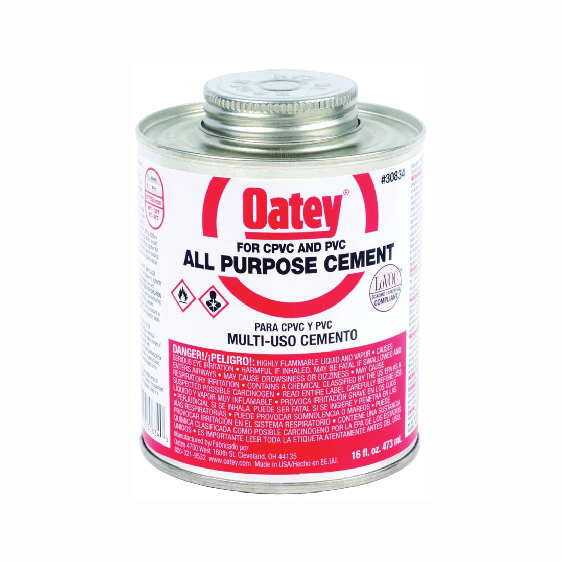 Oatey 30834 Solvent Cement, Milky Clear, 16 oz Can