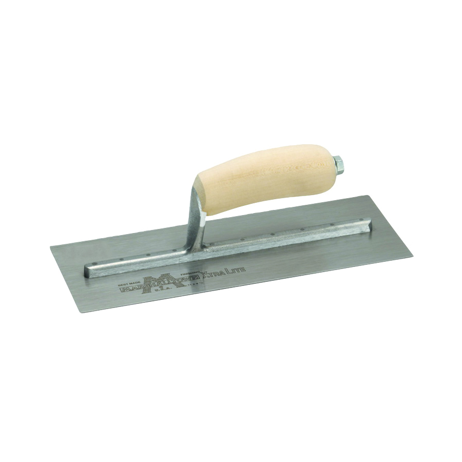 MXS1 Finishing Trowel, 11 in L Blade, 4-1/2 in W Blade, Spring Steel Blade, Curved Handle, Wood Handle