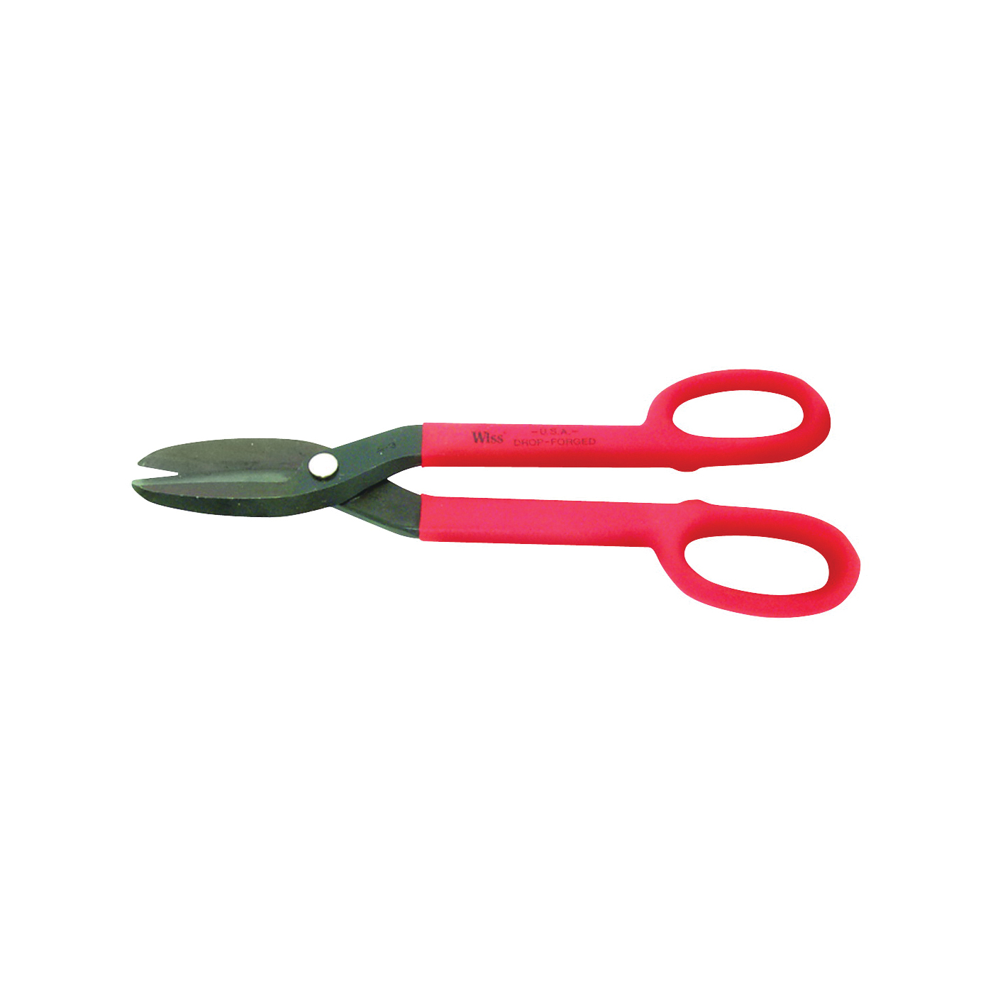 A9N Tinner Snip, 12-1/2 in OAL, Curved, Straight Cut, Steel Blade, Cushion-Grip Handle, Red Handle